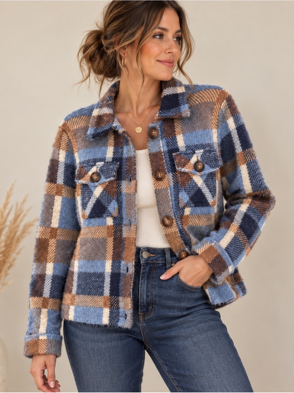 COCO Y CLUB Plaid Cozy Eyelash Flap Pocket Blue Brown Fall Layered Shirt Jacket